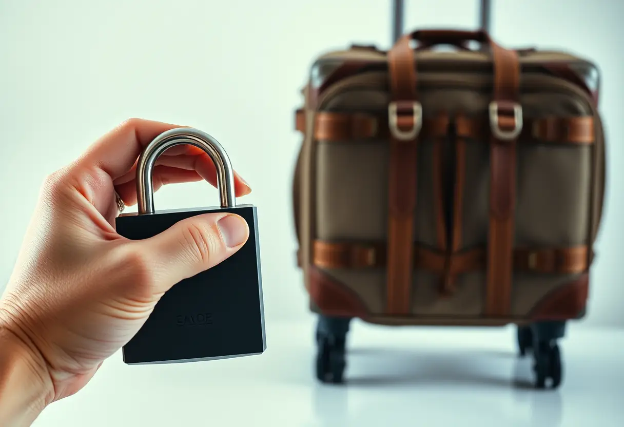 Une main tenant un cadenas rond prêt à sécuriser un bagage