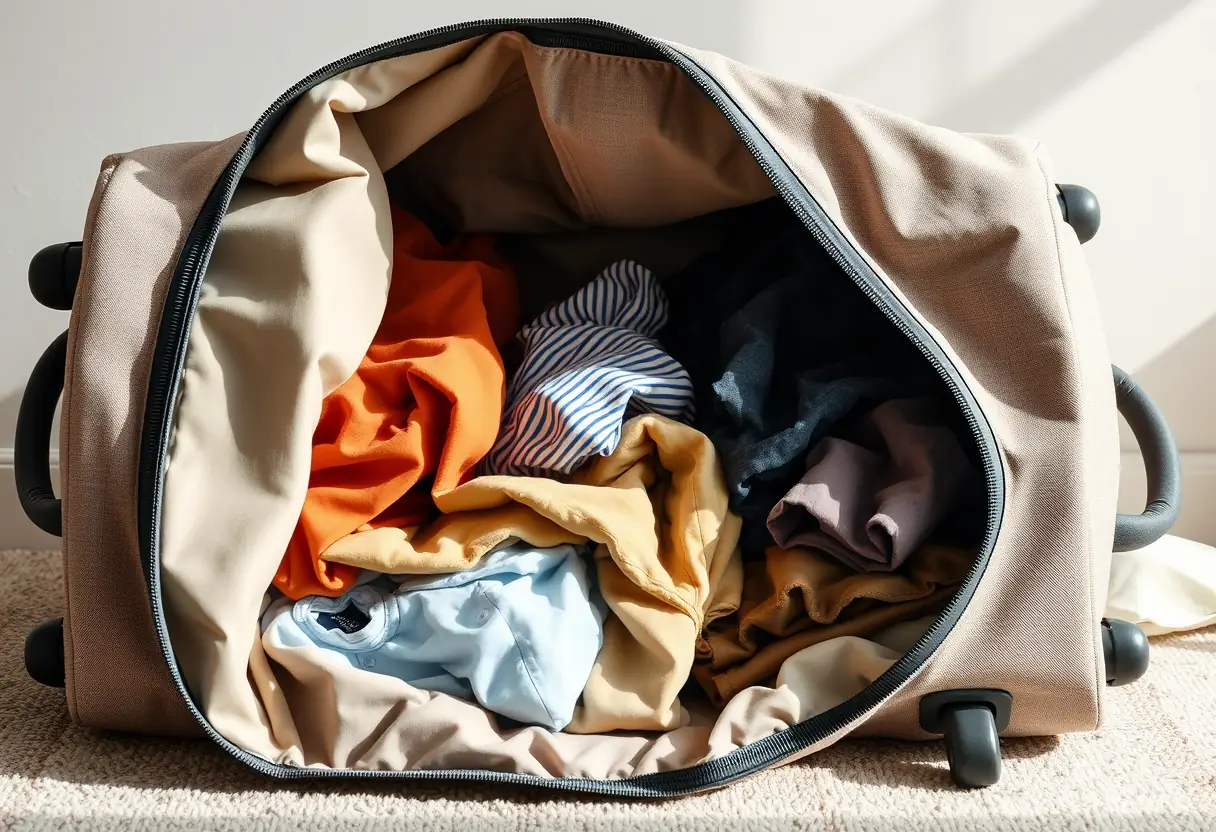 Un grand sac de voyage partiellement déballé avec des vêtements