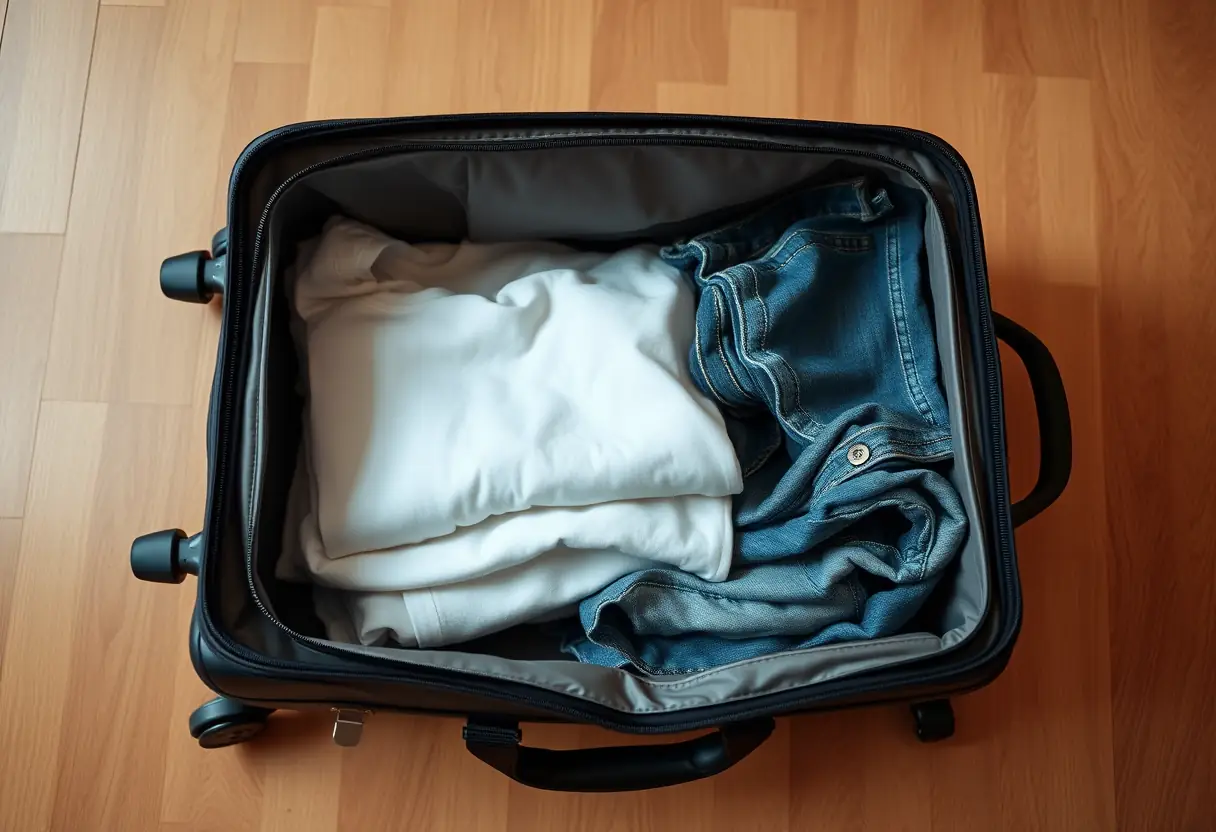 Un sac de voyage partiellement rempli de vêtements pliés