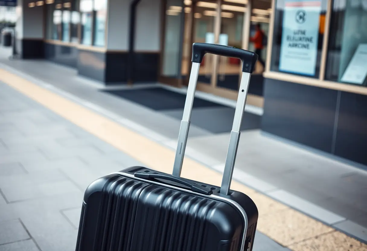 Une poignée télescopique qui sort d'une valise cabine rigide posée sur le trottoir devant l'entrée d'un aéroport