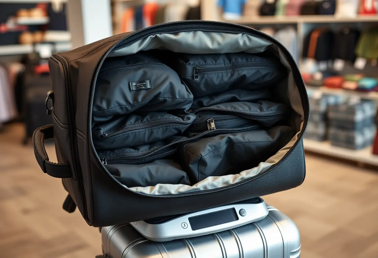 Des cubes de rangement bien organisés à l'intérieur d'une valise cabine souple placée sur un peson de bagages dans un magasin de voyages