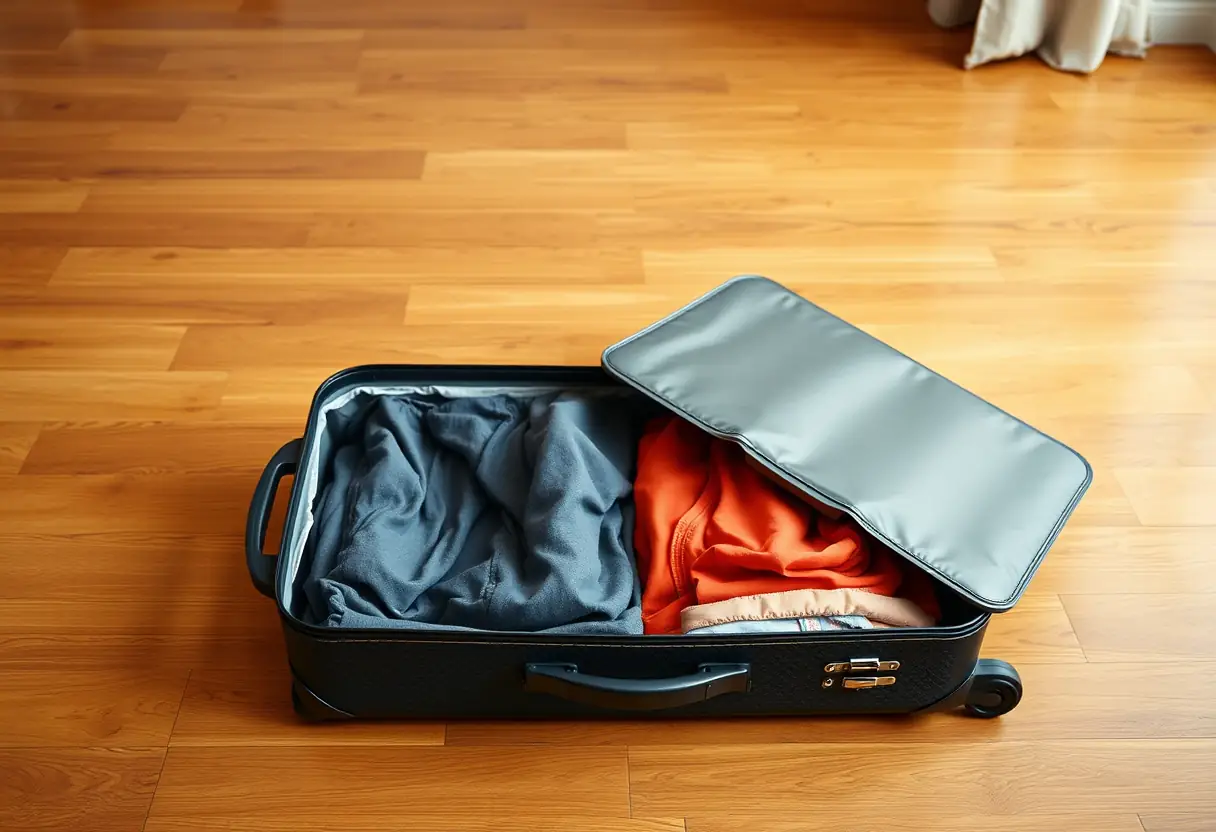 Une valise rectangulaire fermée posée sur un plancher en bois lisse, avec son couvercle légèrement ouvert révélant des vêtements soigneusement rangés à l'intérieur