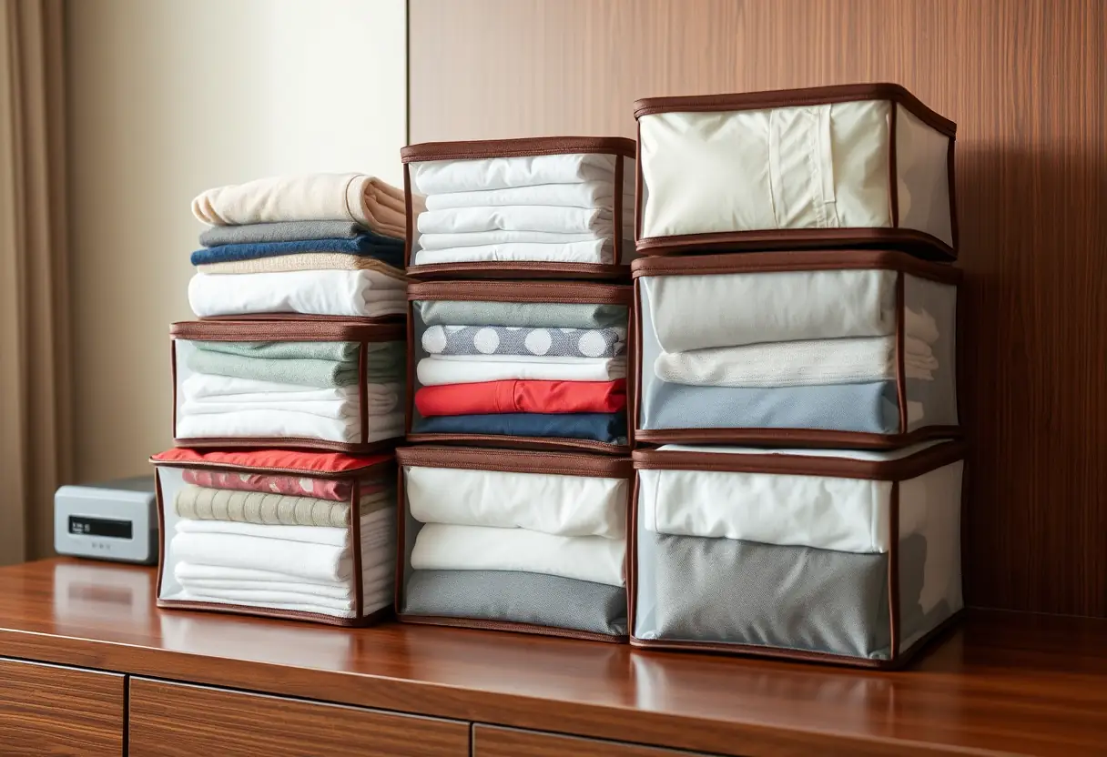 Des cubes de rangement disposés en pile ordonnée sur un bureau d'hôtel, chaque cube contenant des objets soigneusement pliés