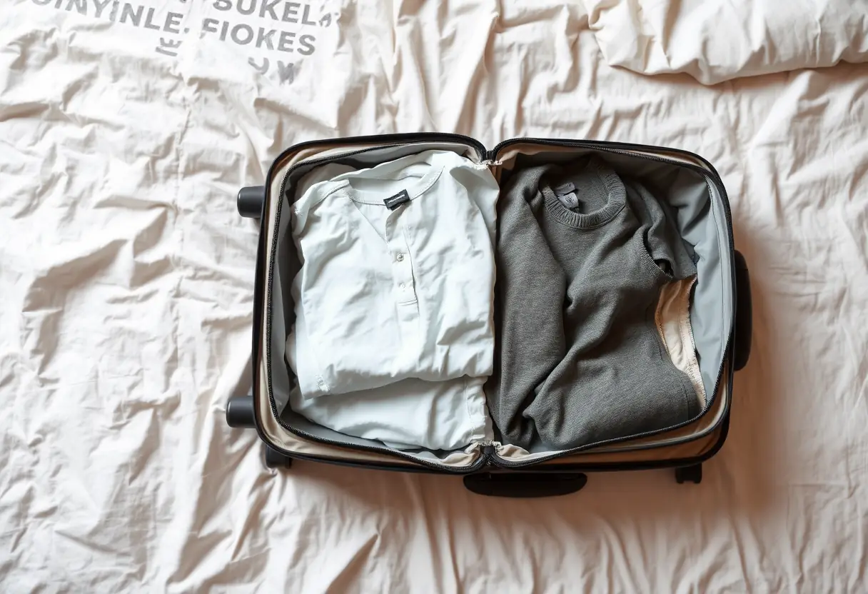 Une valise rectangulaire ouverte sur un lit, révélant des vêtements pliés avec soin à l'intérieur