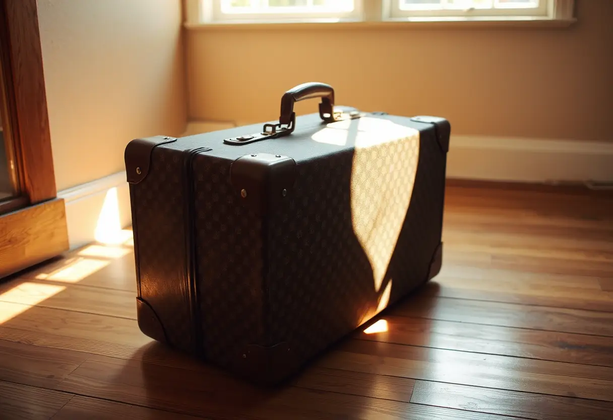 Un valise en cuir usé posée sur un plancher de bois, éclairée par la lumière du jour