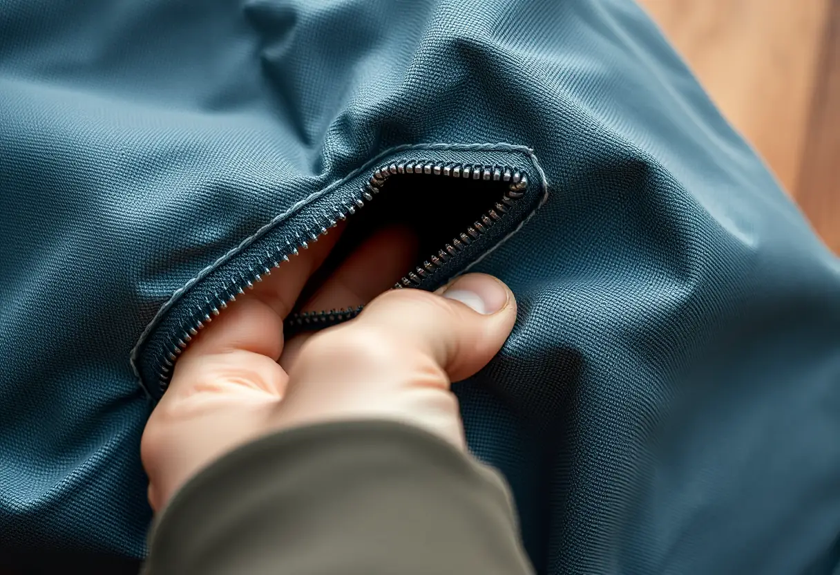 Une main ferme la fermeture d'un sac en toile, montrant la qualité de la couture et la solidité du tissu