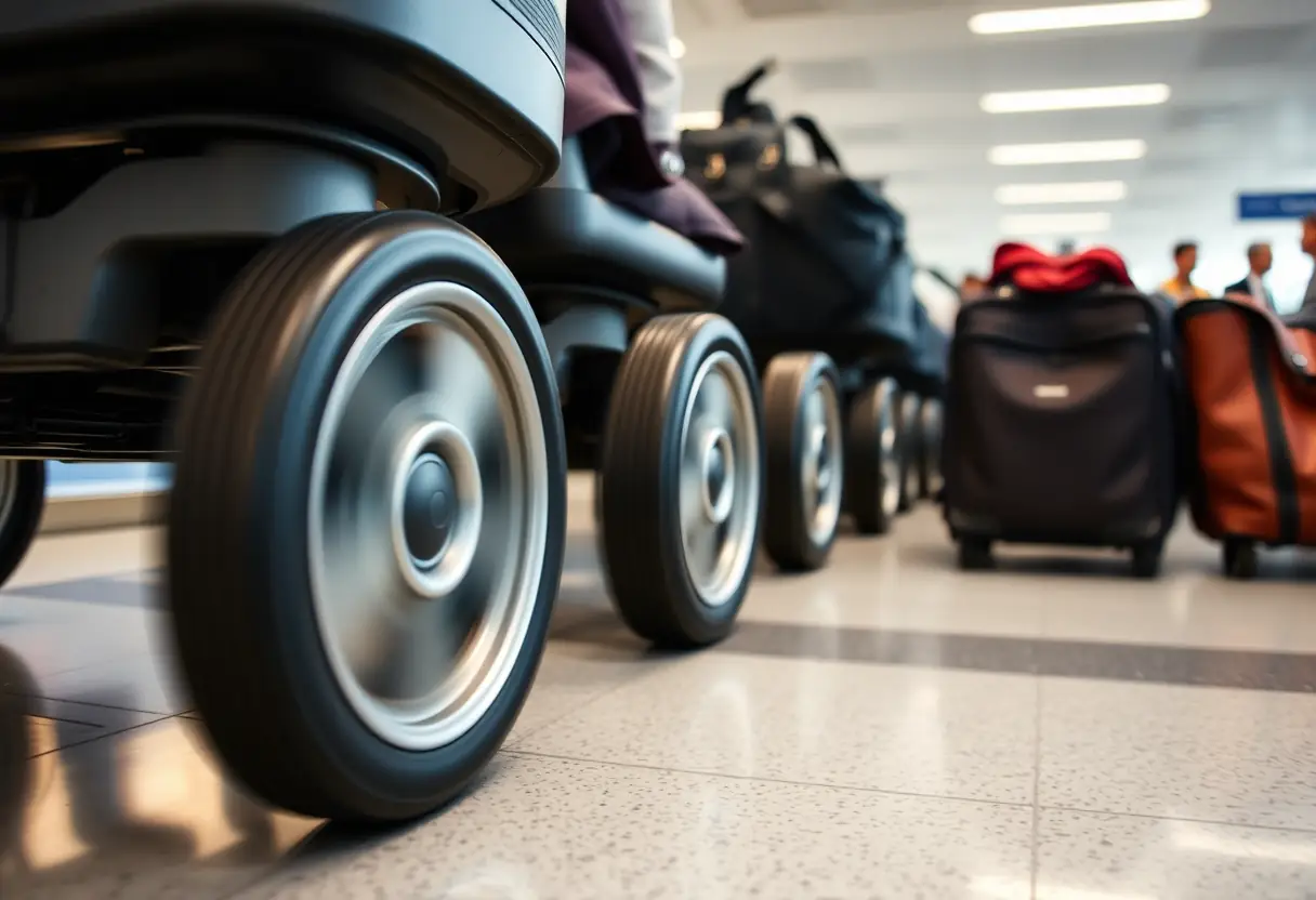 Des roues d'une valise tournant sur un tapis de bagages, tandis que d'autres valises passent en arrière-plan