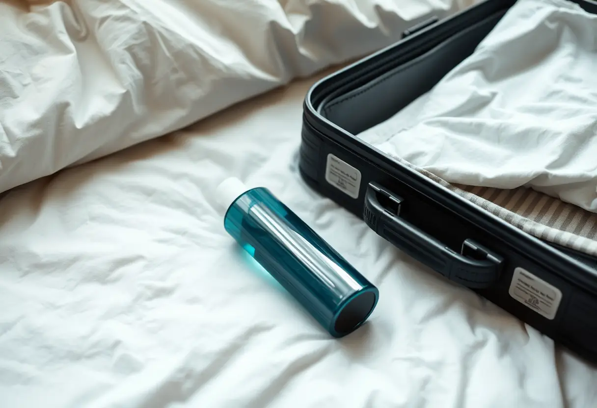 Un bouchon de toilette cylindrique fermé posé sur un drap à côté d'une valise cabine partiellement ouverte
