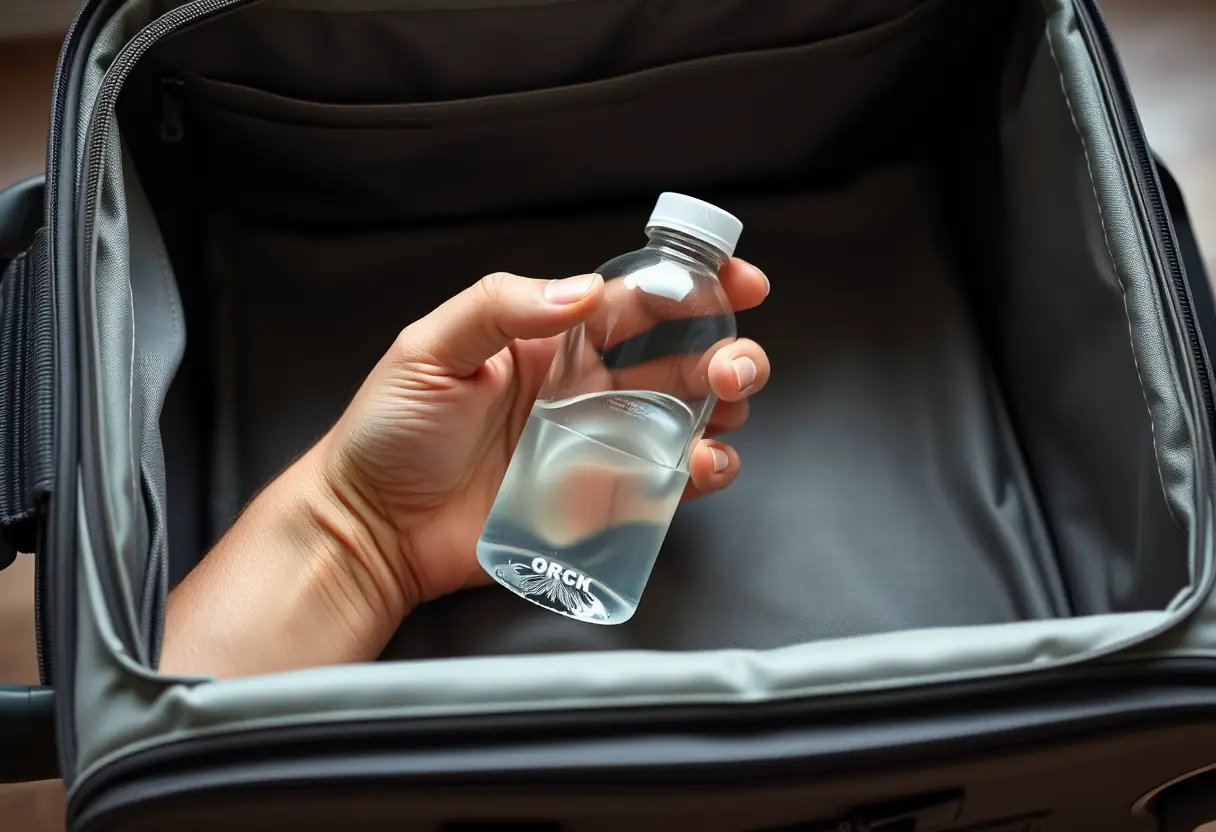 Une main tenant une petite bouteille en plastique pleine de liquide, placée à l'intérieur d'une valise molletonnée plus grande