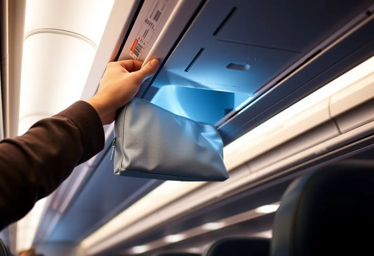 Une main qui place un kit de toilette dans un compartiment au-dessus des sièges d'un avion