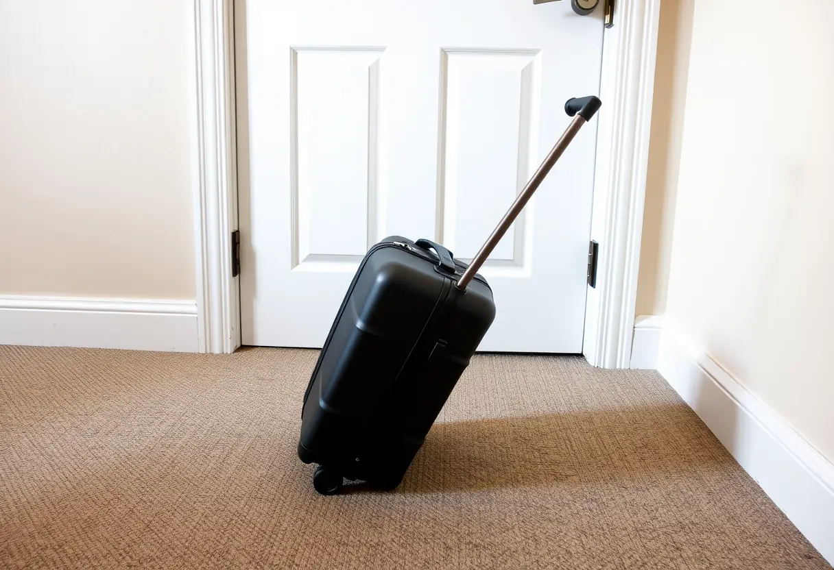 Un bouton de poignée télescopique d'une valise cabine semi-rigide posée près d'une porte
