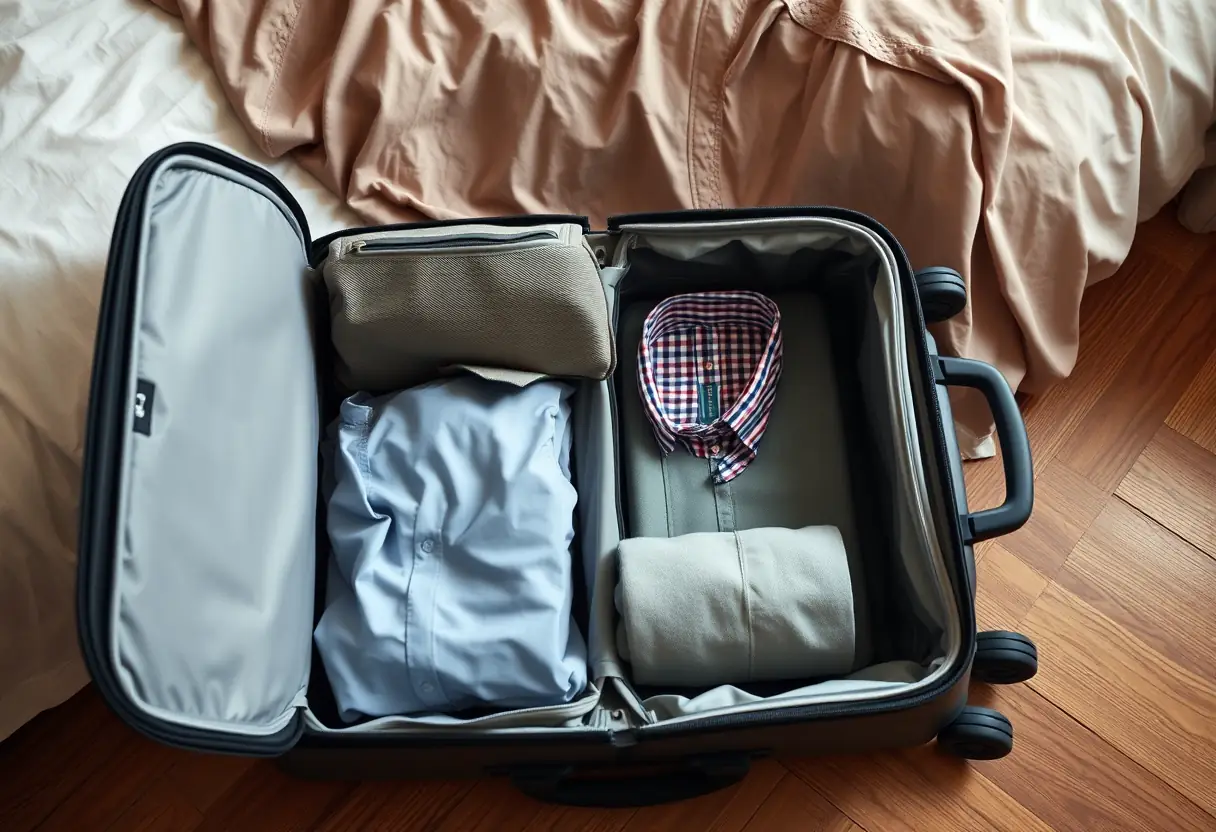 Un sac de toilette et une chemise roulée dans un grand sac de voyage posé sur le plancher d'une chambre à coucher