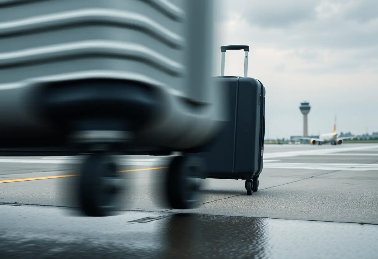 Des roues de valise tournant sur une piste d'aéroport humide, une tour de contrôle lointaine est visible à l'arrière-plan