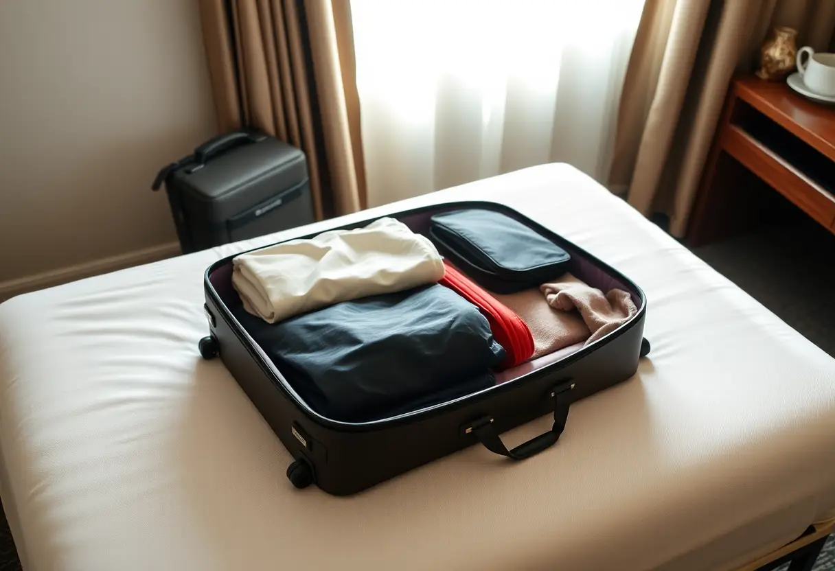 Un sac de voyage plat posé sur le bureau d'une chambre d'hôtel, révélant des objets rangés avec soin à l'intérieur