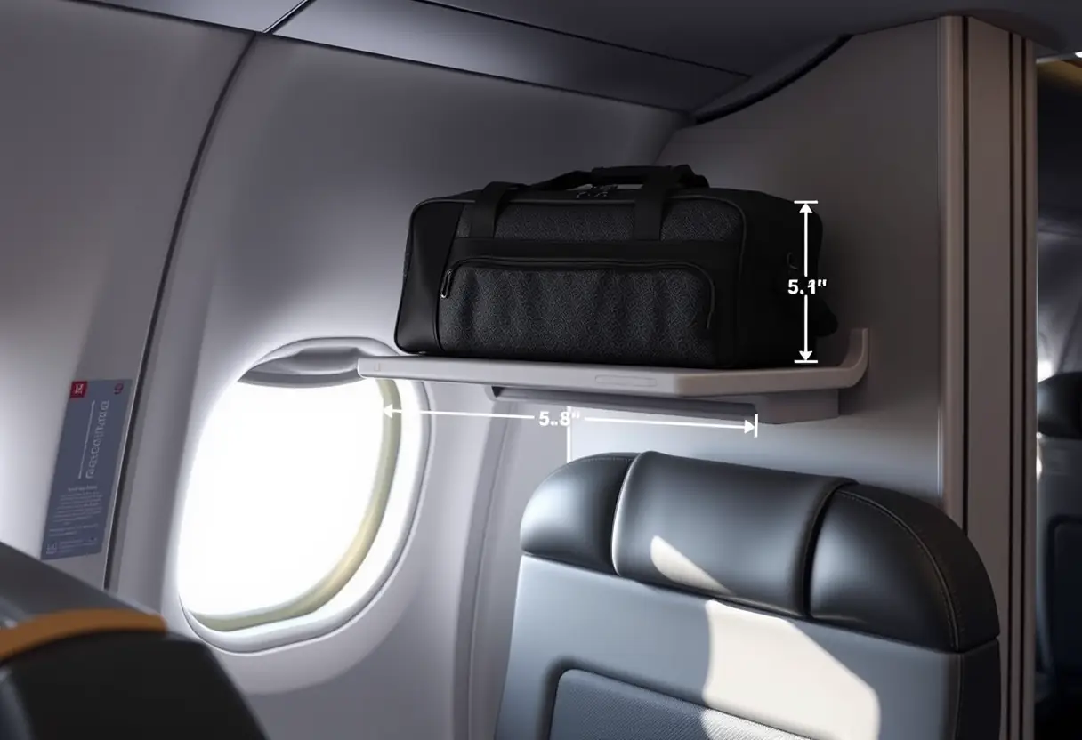 Un sac à dos de la classe économique posé au-dessus d'un compartiment de rangement dans l'avion, montrant ses dimensions par rapport au siège adjacent