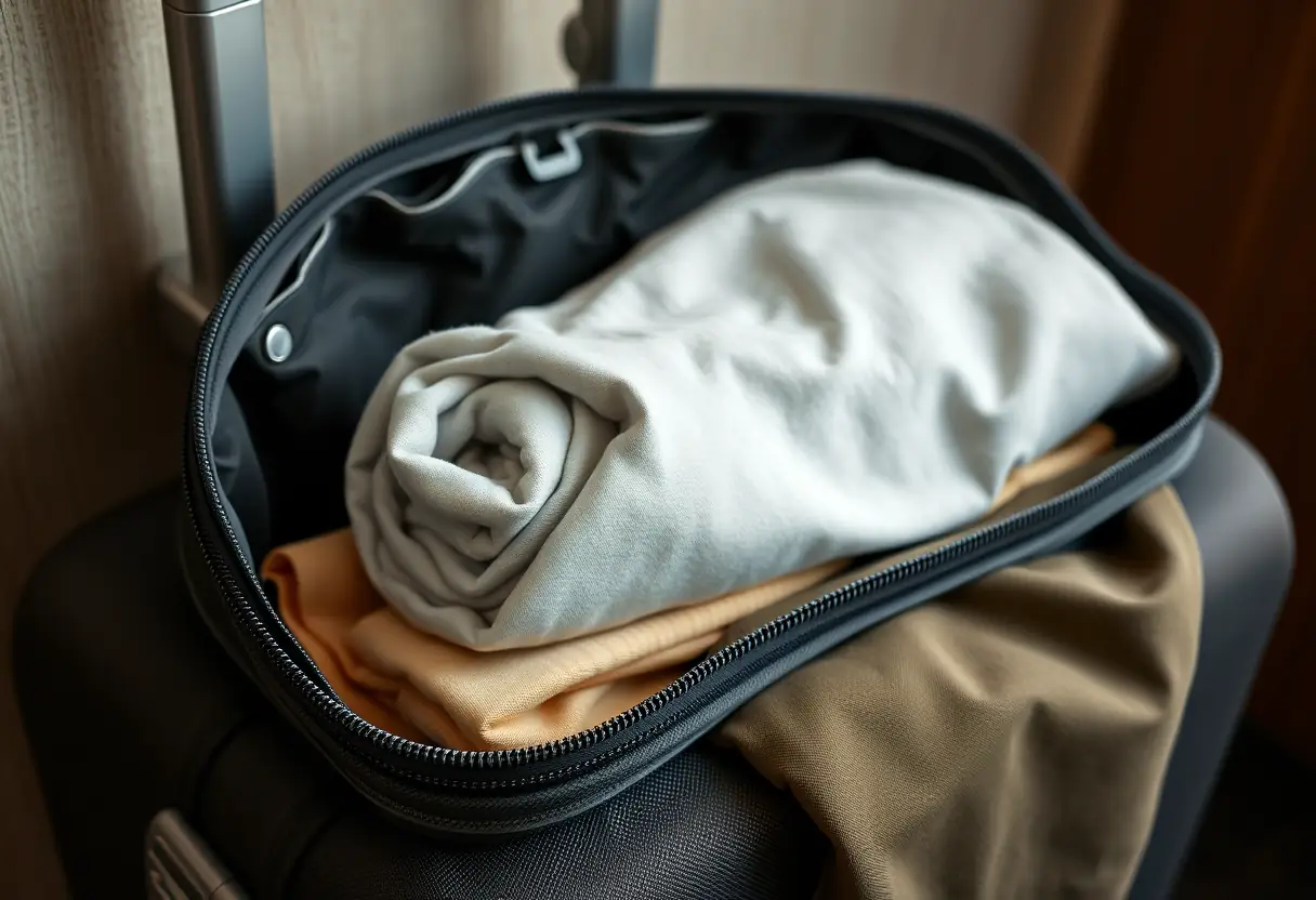 Un vêtement roulé placé dans un bagage cabine, aligné soigneusement avec d'autres affaires, posé sur une barre de rangement d'hôtel