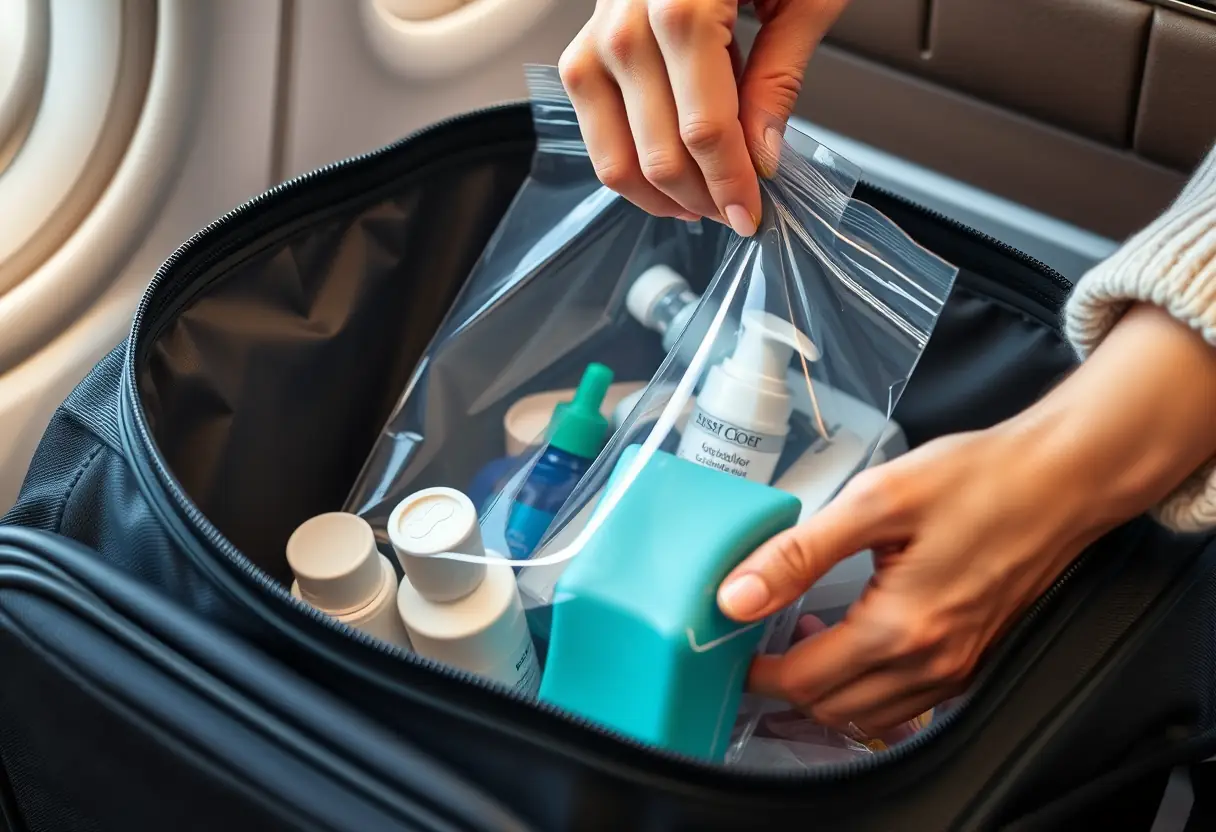 Une main place un sac en plastique transparent rempli de produits de toilette dans une valise cabine