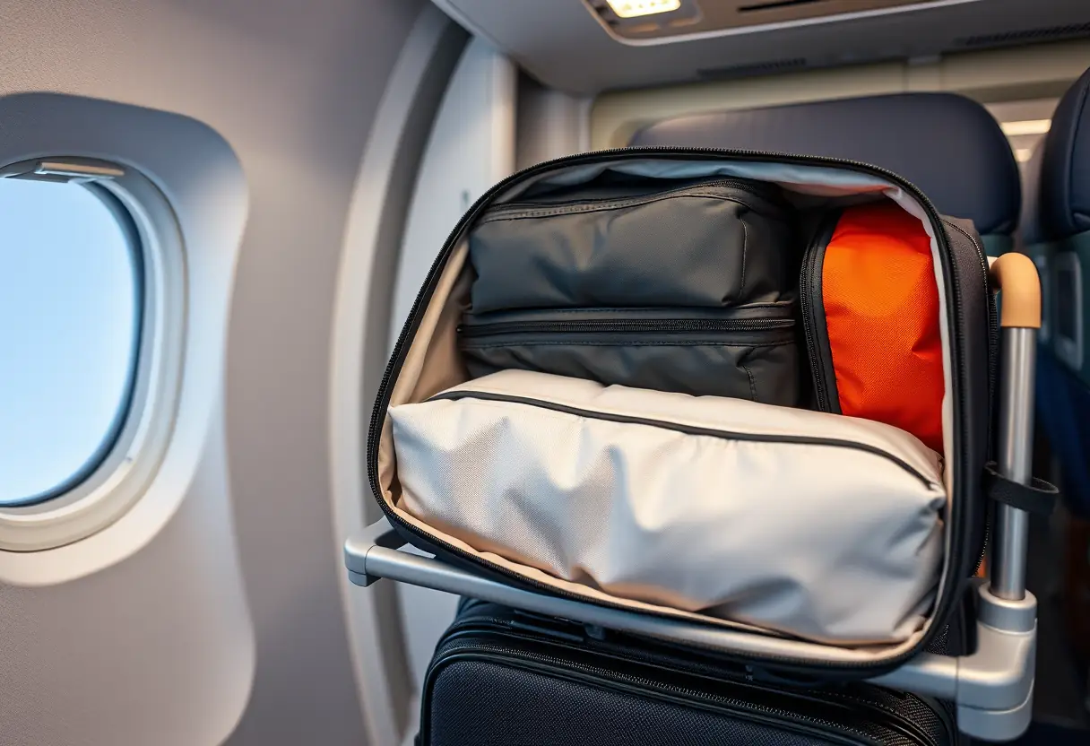 Des cubes de rangement bien organisés à l'intérieur d'une valise cabine sur une barre à bagages dans les toilettes d'avion