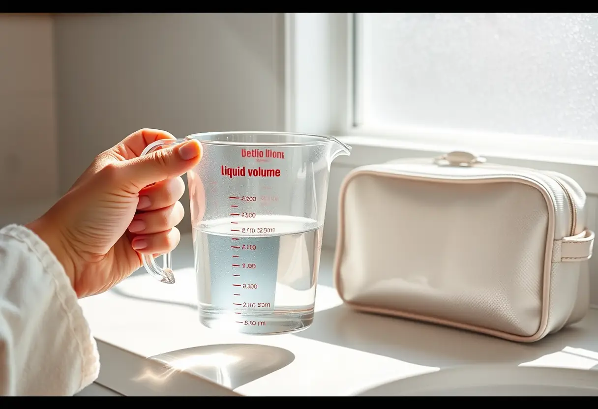 Une main tenant une cuillère à mesurer des volumes liquides, la cuillère étant remplie à moitié par un liquide clair, posée près d'un kit de toilette fermé sur un meuble de salle de bains.