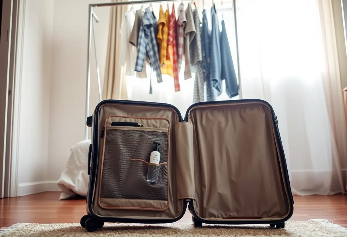 Une valise dont une poche transparente contient une petite bouteille de produits de toilette, la valise étant ouverte sur le plancher d'une chambre à coucher sous un porte-linge accroché, la lumière du soleil entrant par la fenêtre derrière le porte-linge