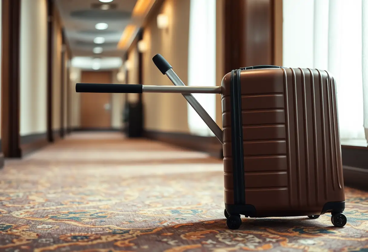 Un manche télescopique sortant d'une valise rigide posée sur un tapis de corridor d'hôtel