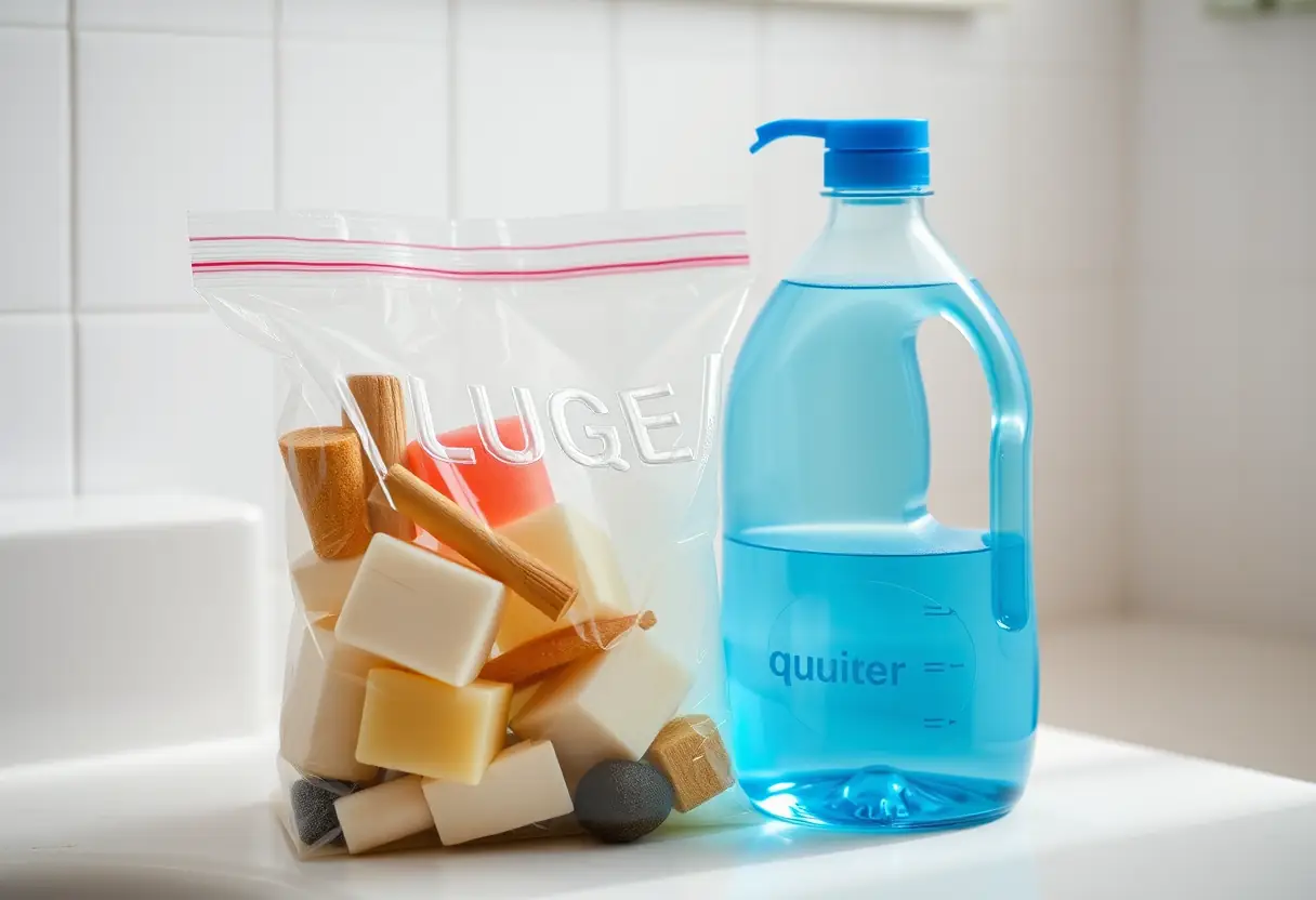 Un bocal en plastique translucide rempli de liquide bleu posé à côté d'un sac en plastique transparent de un quart, contenant d'autres liquides scellés, tous alignés sur un meuble de salle de bains