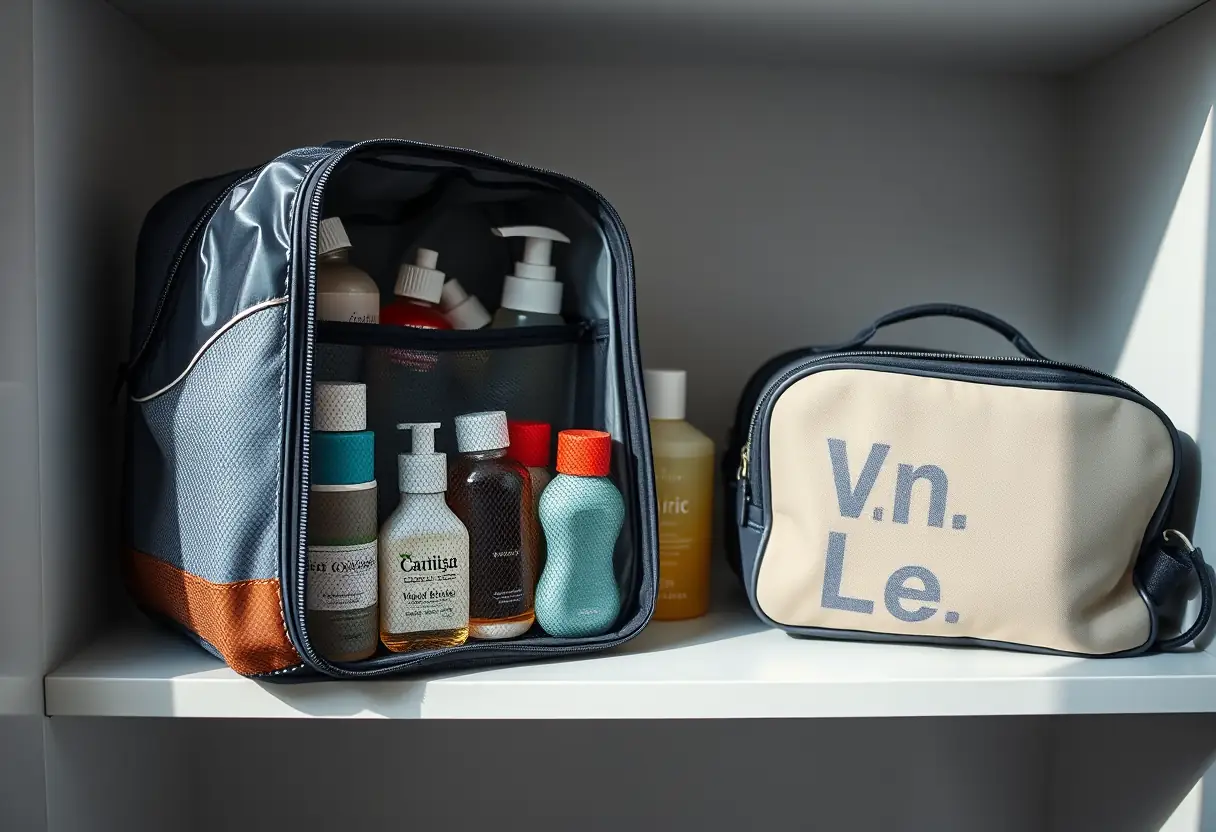 Un sac de toilette fermé rempli de bouteilles de liquide, posé à côté d'une valise cabine partiellement ouverte sur une étagère de salle de bains