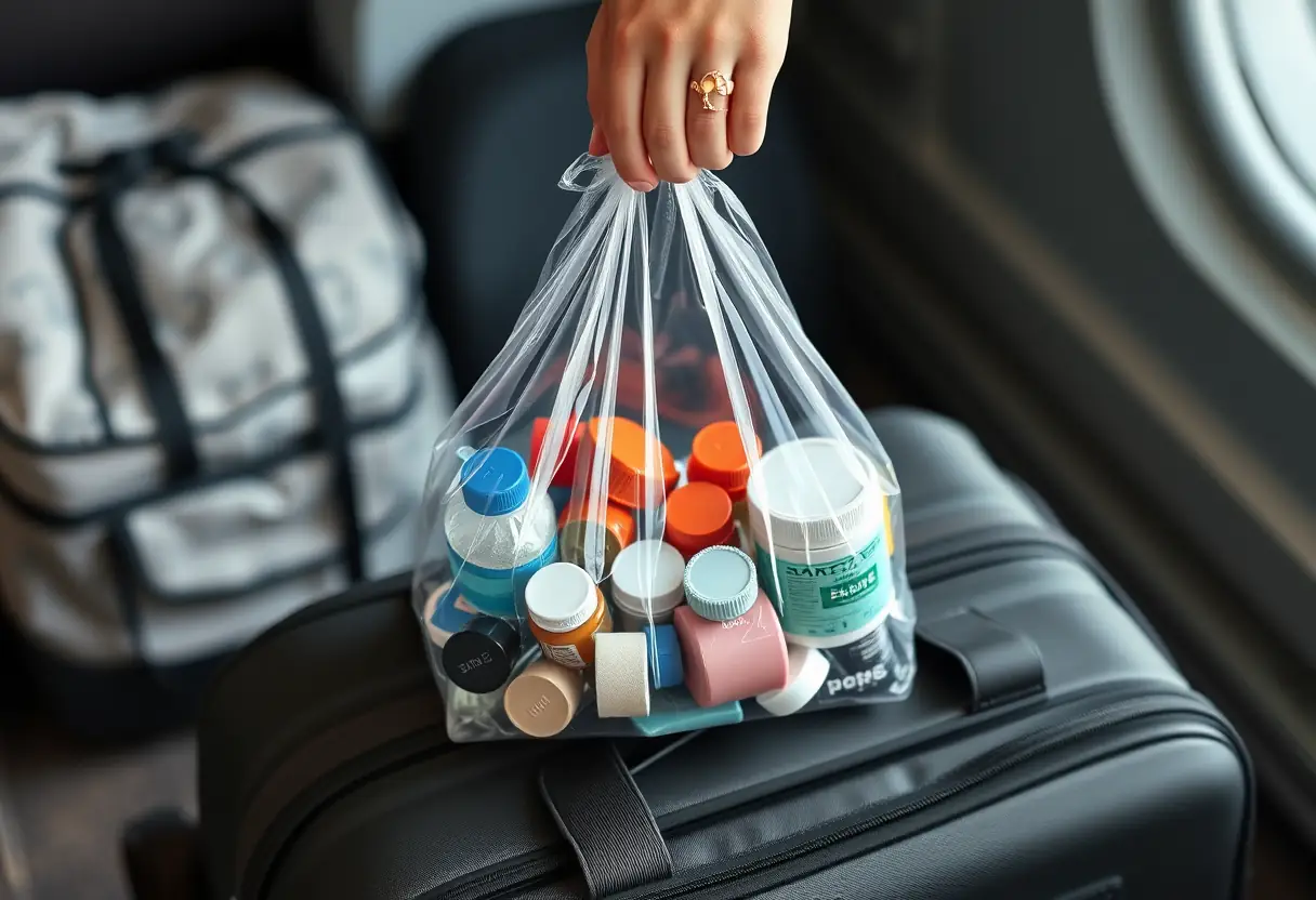 Une main tenant un sac en plastique transparent rempli de petites bouteilles et récipients, posé au-dessus d'une valise cabine complètement fermée