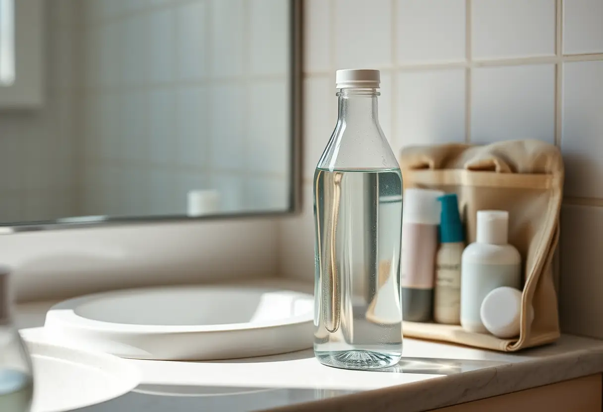 Un flacon en plastique transparent rempli de liquide posé sur un bord de lavabo à côté d'un coffret de toilette partiellement ouvert