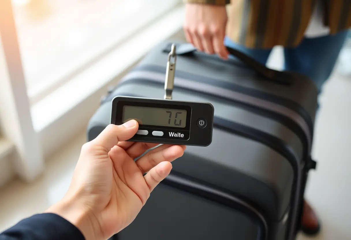 Une main tenant un peson de bagage, celui-ci levé pour peser une valise de cabine fermée