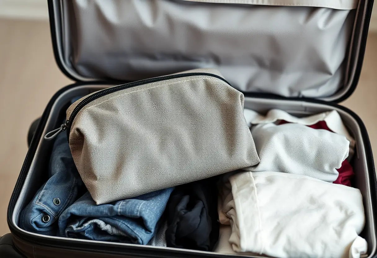 Un sac de toilette en tissu fermé repose sur le couvercle ouvert d'une valise contenant des vêtements pliés