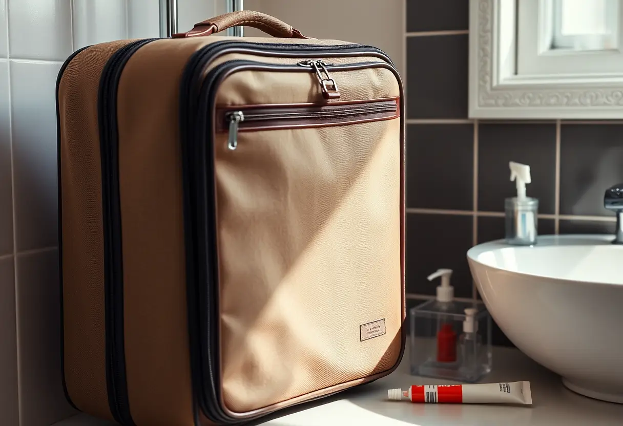 Une valise de voyage fermée posée près d'un lavabo avec des brosses à dents et un tube de dentifrice