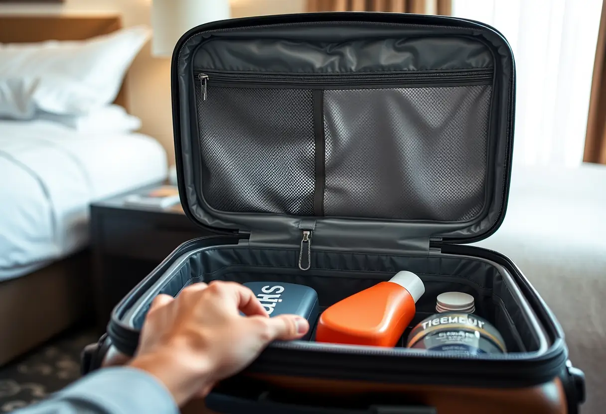 Une main refermant une fermeture éclair d'une valise cabine rigide dans une chambre d'hôtel, avec des produits de toilette visibles à travers la pochette transparente