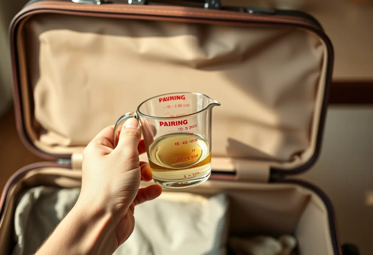 Une main tenant une cuillère à mesurer remplie de liquide contre un couvercle de valise partiellement ouvert