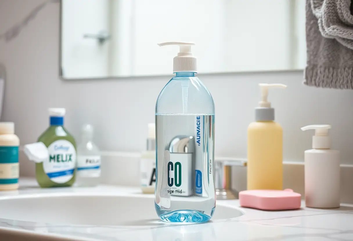 Un bocal transparent rempli de liquide sur un comptoir de salle de bains entouré d'autres produits de toilette