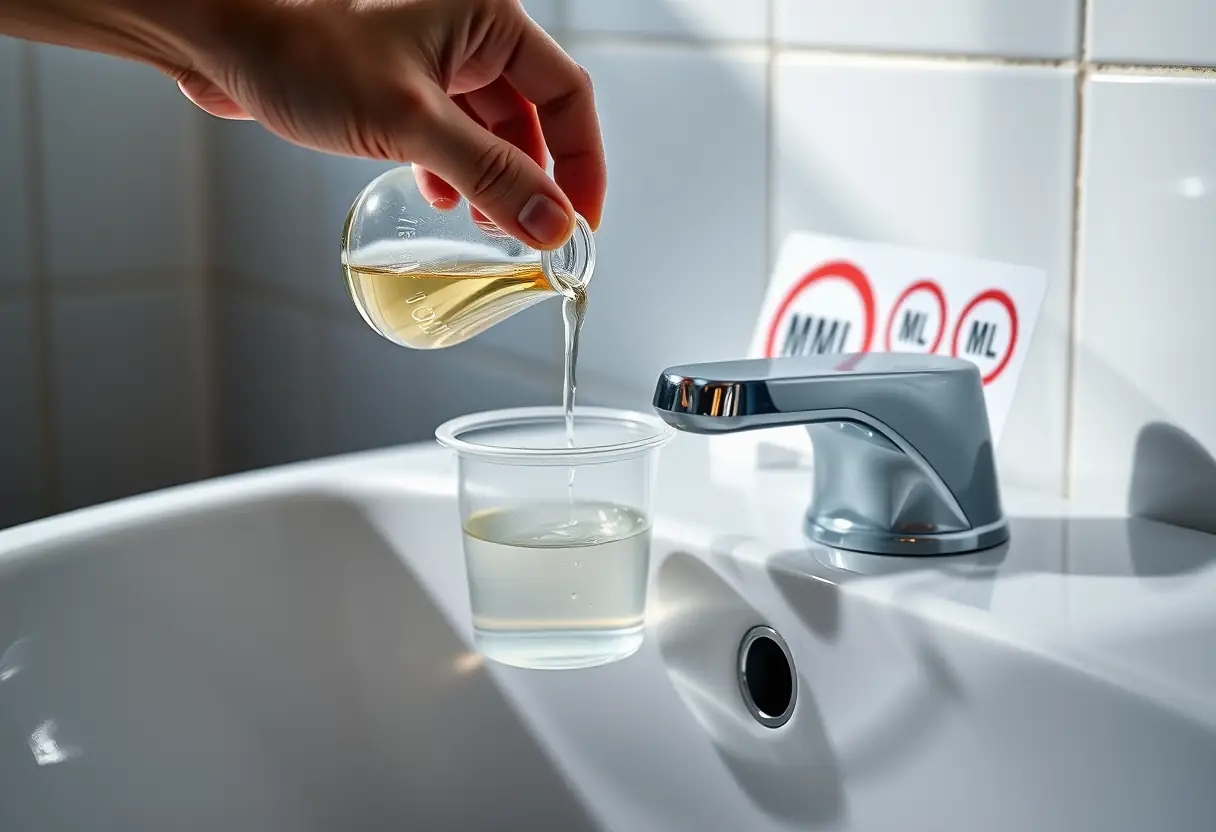 Une main qui verse une quantité limitée de liquide dans un petit conteneur sur un lavabo de salle de bains, près d'une indication de limite en millilitres