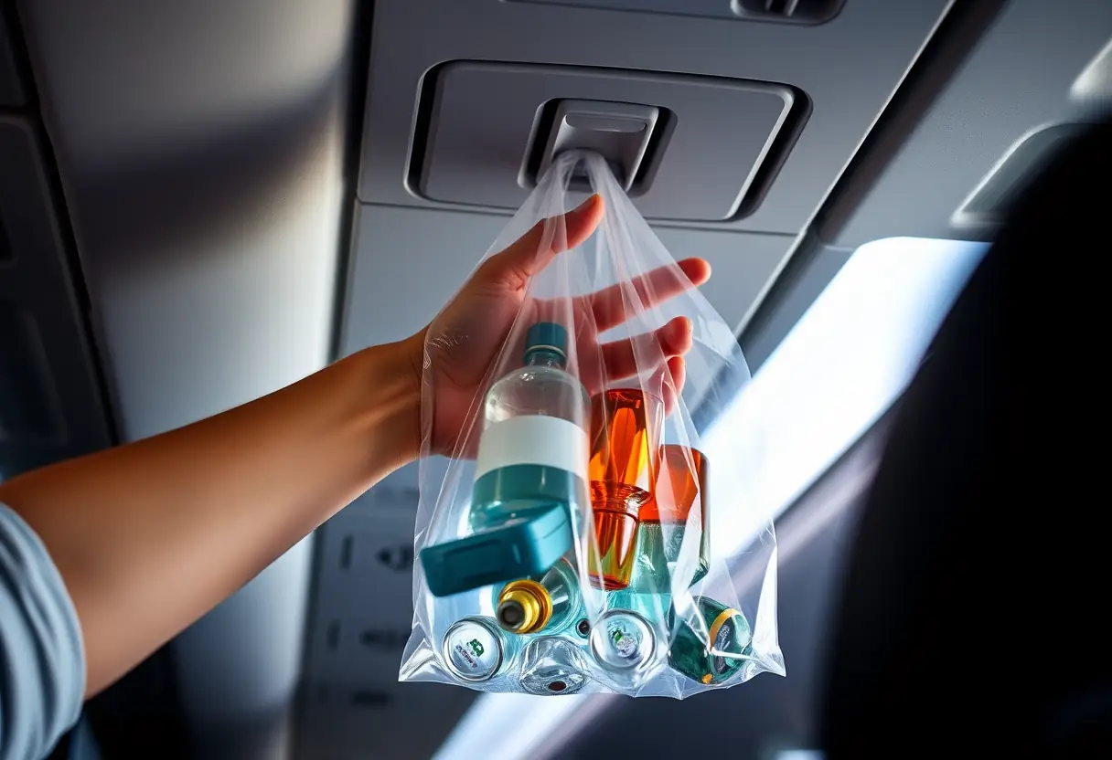 Une main mettant un sac en plastique transparent rempli de bouteilles de liquide dans un compartiment au-dessus des sièges