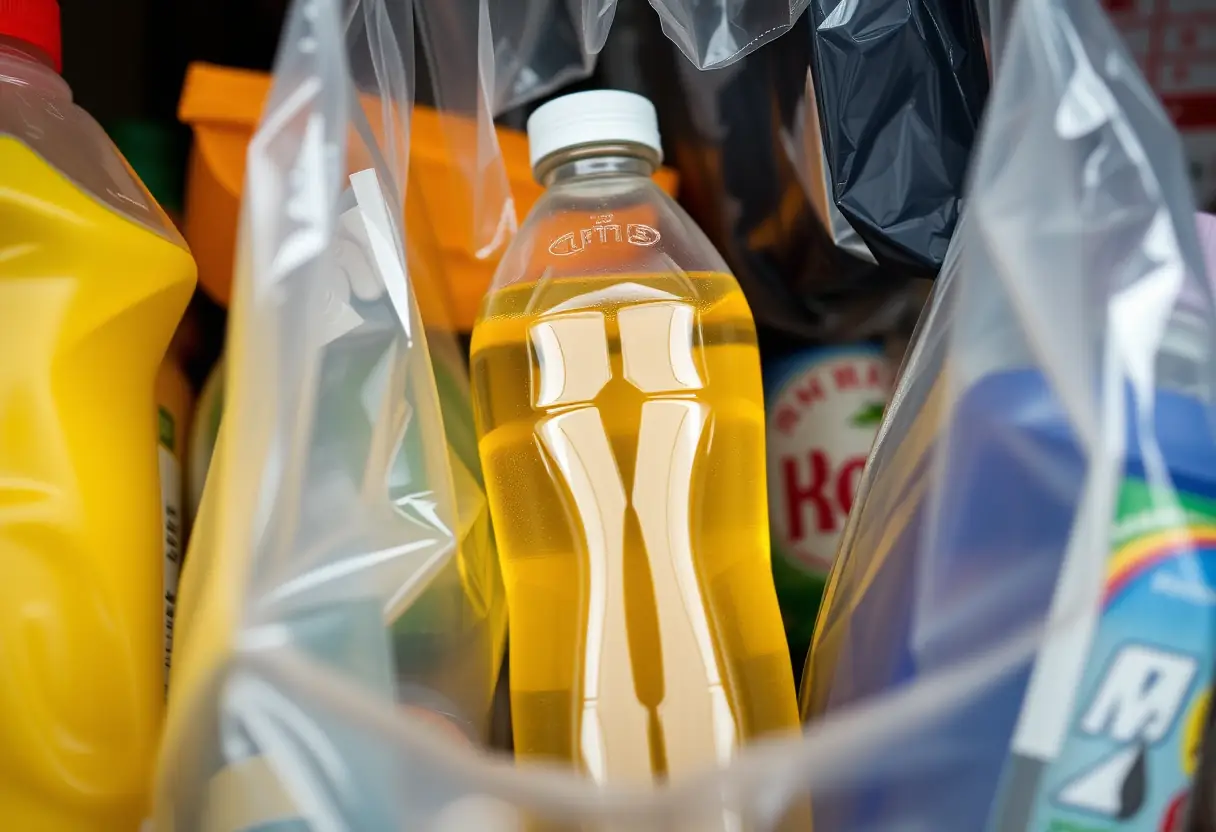 Un bocal en plastique rempli de liquide se trouve debout parmi d'autres objets dans un sac en plastique transparent et hermétique