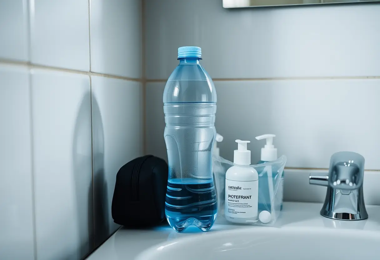 Un bouchon d'eau partiellement rempli posé à côté d'un kit de toilette sur l'évier de la salle de bain