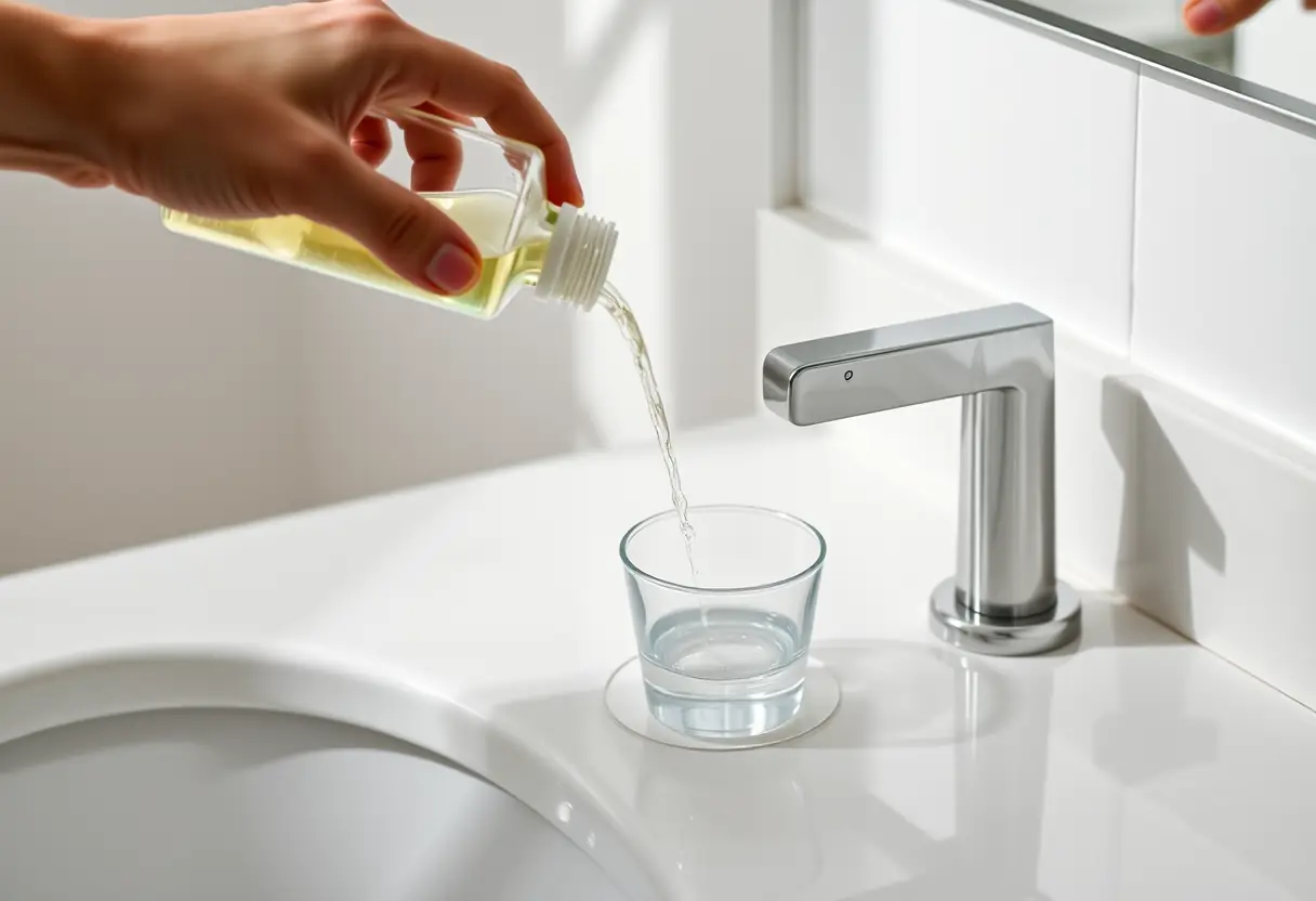 Une main qui verse un liquide d'une bouteille dans un petit récipient en plastique transparent sur un meuble de toilette