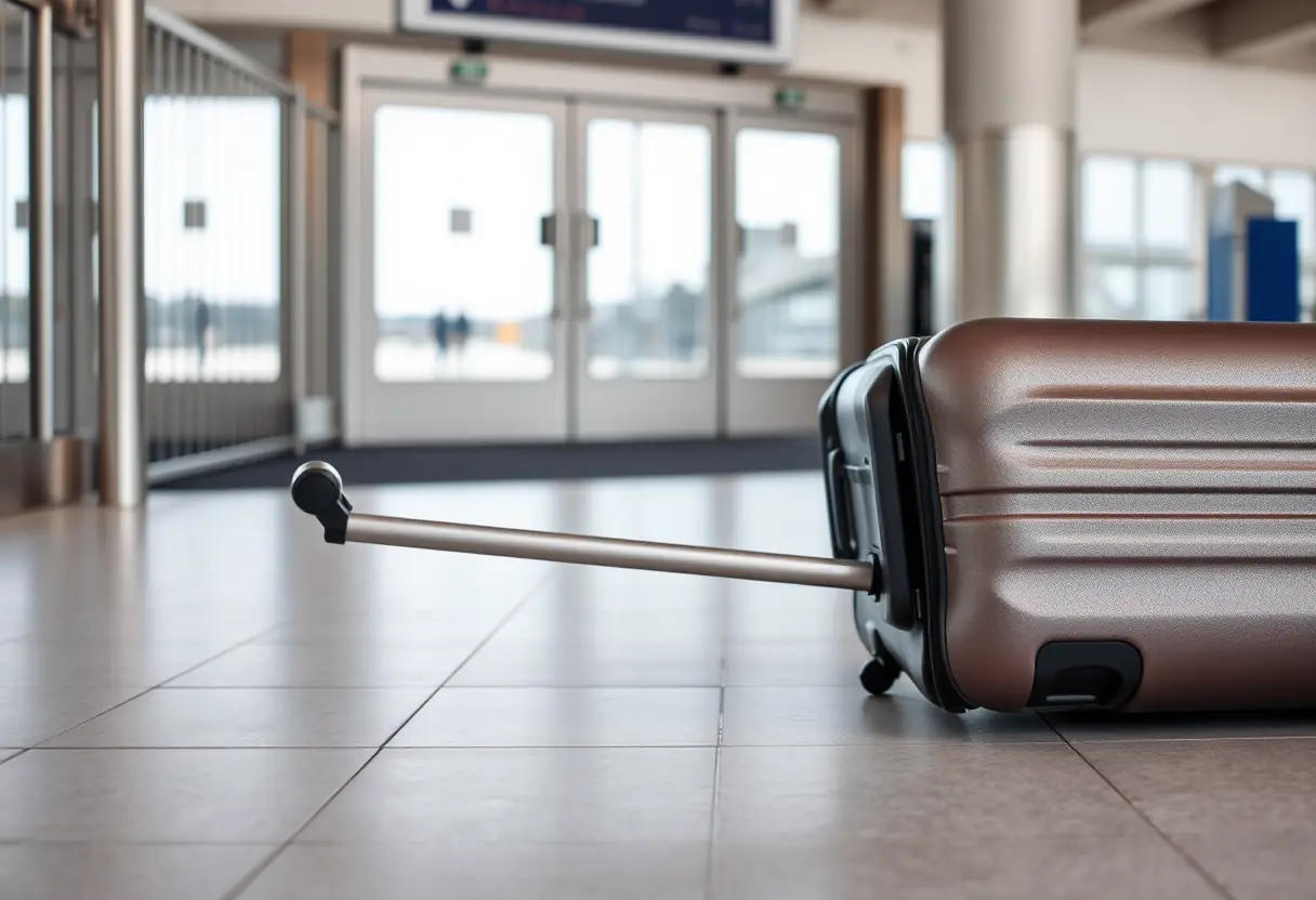 Un bouton de poignée étendu sur un plancher dallé près d'une porte d'embarquement