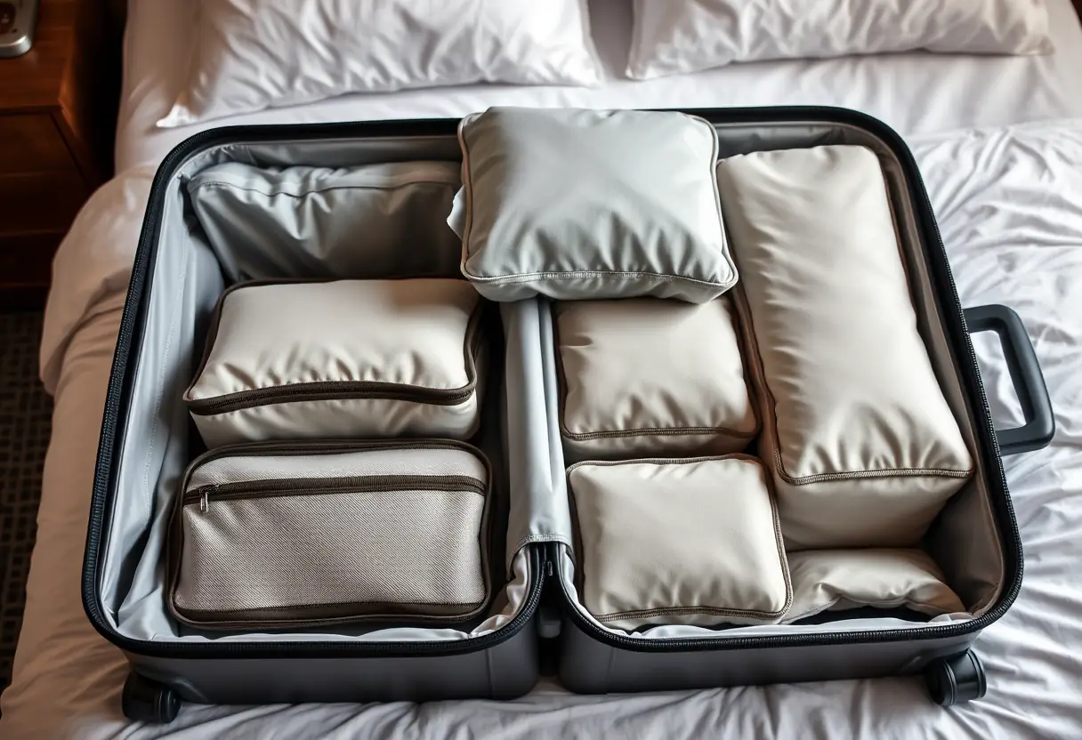 Des cubes de rangement bien organisés à l'intérieur d'une valise ouverte à plat sur un lit d'hôtel