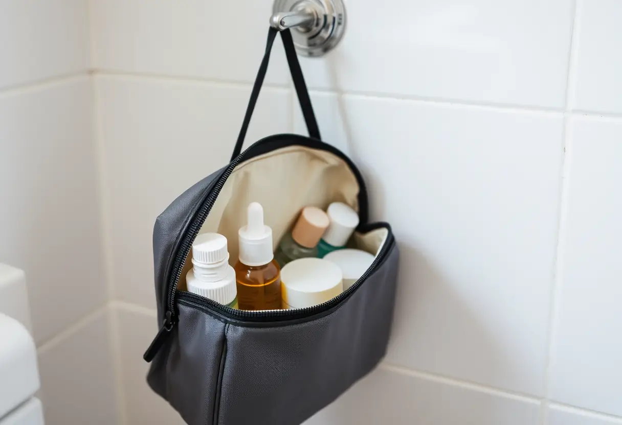 Un sac de toilette accroché à un crochet de salle de bains, partiellement ouvert pour révéler plusieurs bouteilles et pots, tous dans la limite de 100 ml