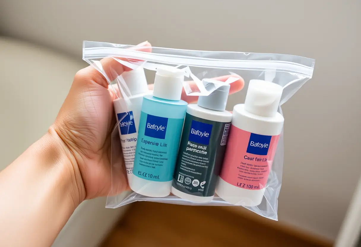 Une main tenant un sac en plastique transparent rempli de produits de toilette individuellement emballés, chaque conteneur ne dépassant pas les 100 ml