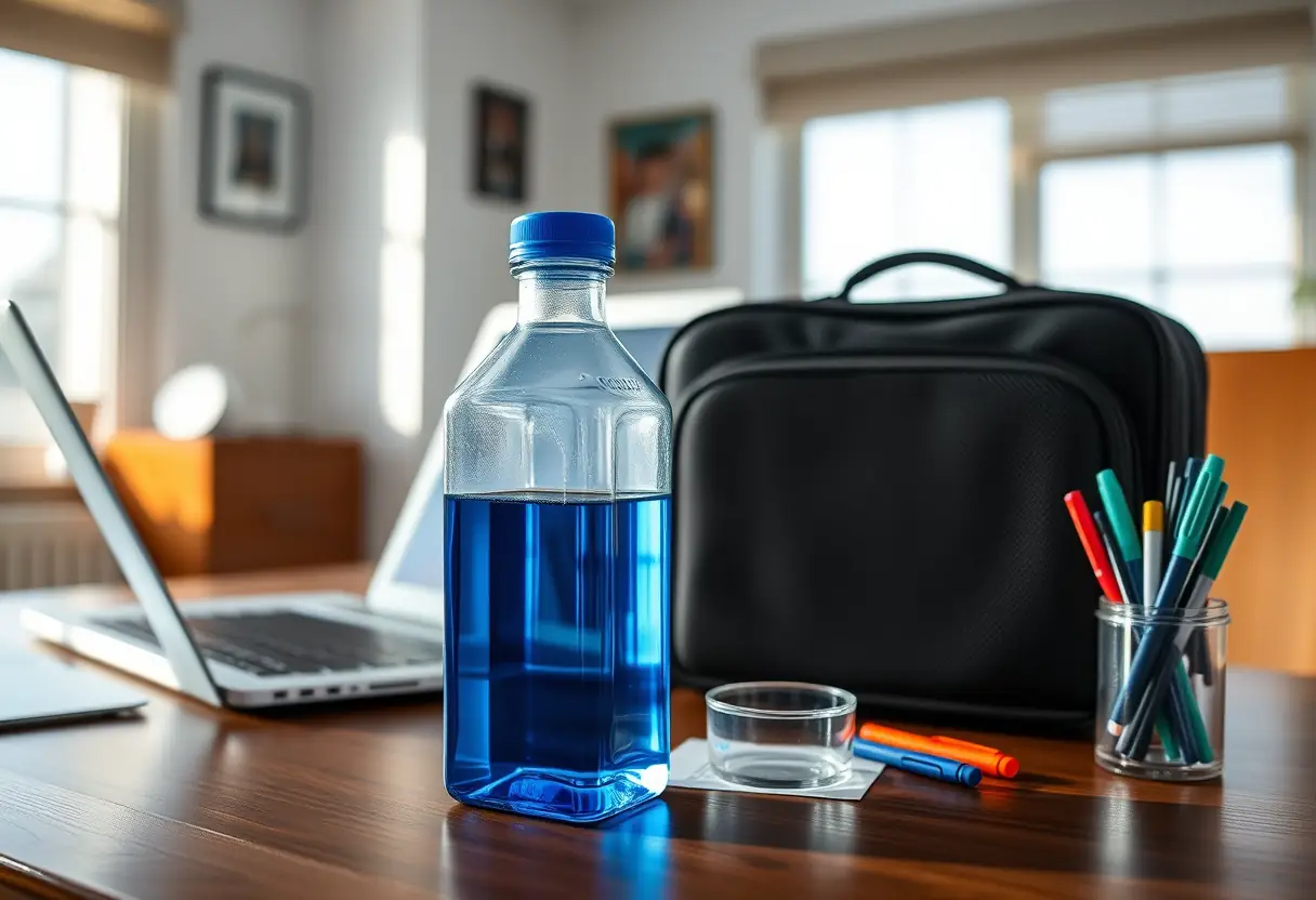 Un bocal en plastique rempli de liquide bleu posé à côté d'une petite valise cabine dans un bureau à la maison bien éclairé