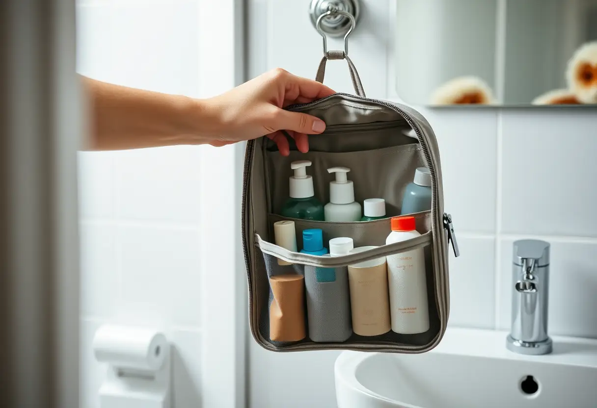 Une main qui pénètre dans un sac de toilette accroché à un crochet près d'un lavabo, montrant plusieurs petites bouteilles et contenants rangés soigneusement à l'intérieur
