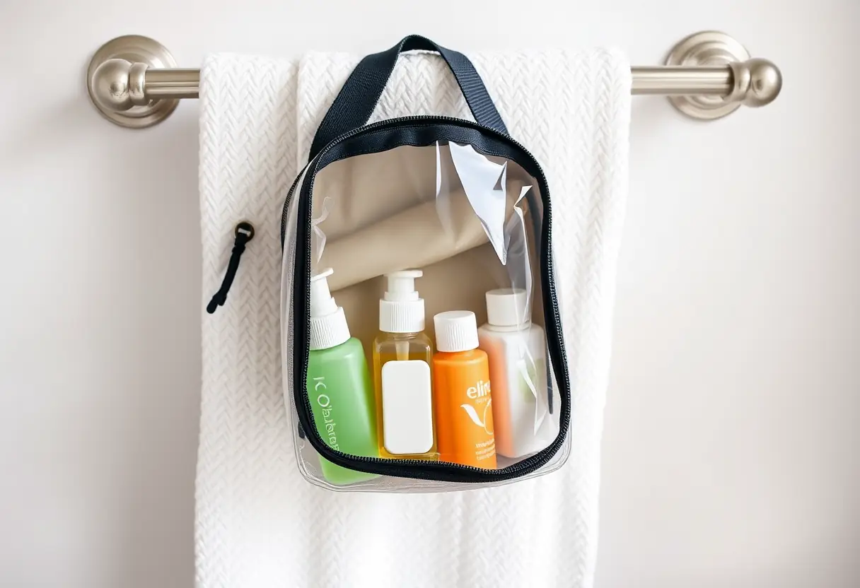 Un sac de toilette accroché à un porte-serviettes dans une salle de bain, contenant plusieurs petites bouteilles, toutes inférieures à 100ml