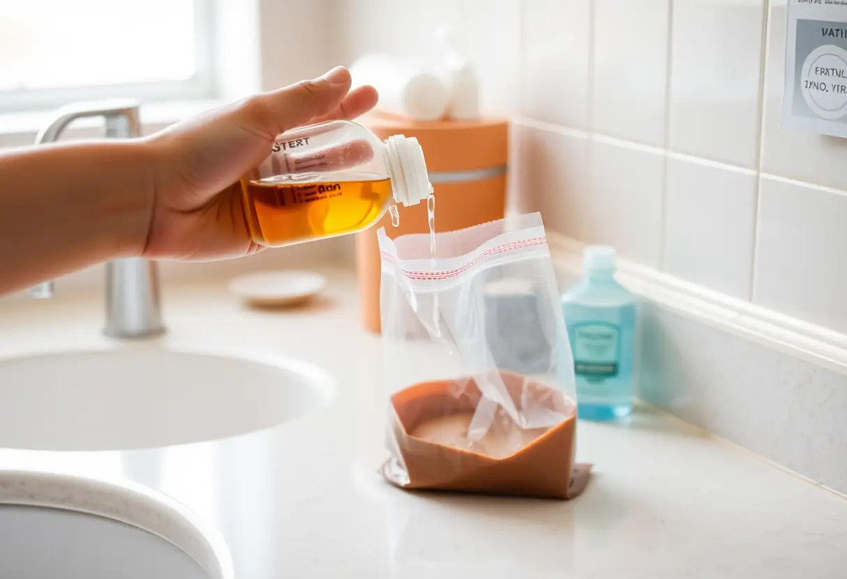 Une main qui verse du liquide d'une petite bouteille en plastique dans un sac en plastique transparent posé sur un meuble de toilette