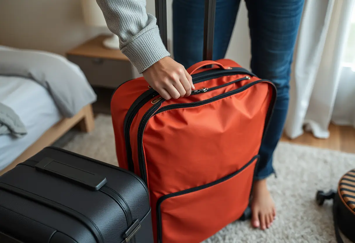 La main d'un voyageur ferme la fermeture éclair d'une valise cabine légèrement pleine, posée sur le plancher d'une chambre à coucher à côté d'une valise déjà emballée