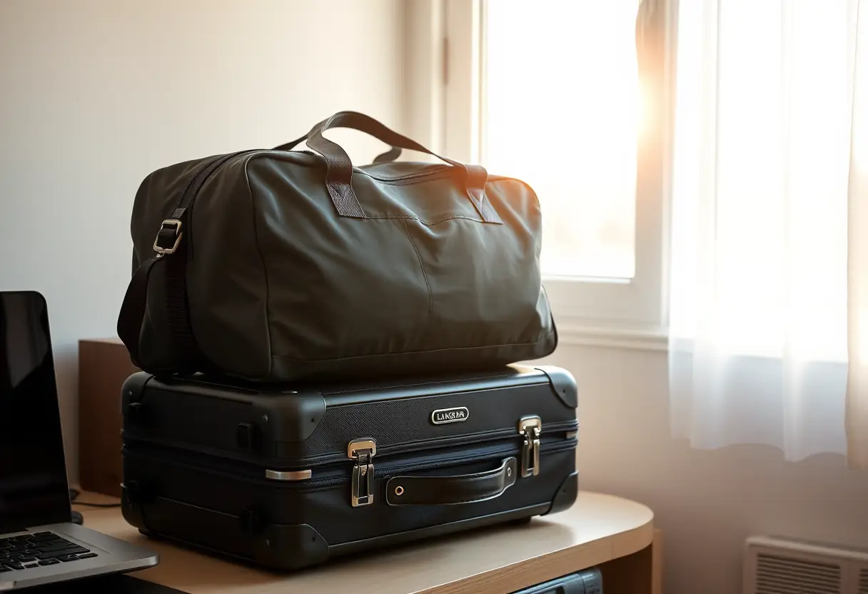 Une valise cabine pleine repose sur une valise posée sur un bureau à la maison, sous la lumière du matin qui filtre à travers une fenêtre